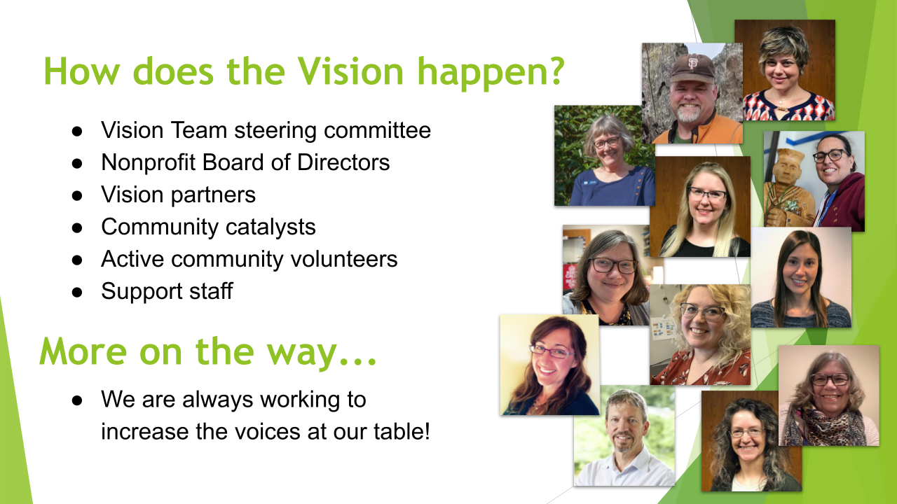 Slide with photos of Vision Team, Board of Directors, and Staff