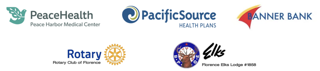 Logos of sponsors: PeaceHealth Peace Harbor Medical Center; PacificSource Health Plans; Banner Bank; Rotary Club of Florence; Florence Elks Lodge #1858