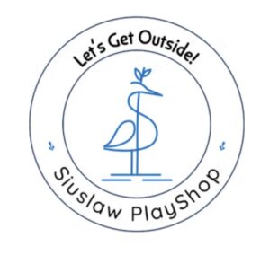 heron logo: Let's Get Outside, Siuslaw PlayShop