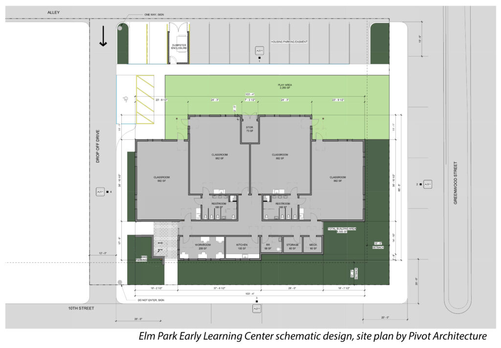 Floorplan of Elm Park Early Learning Center with 4 classrooms