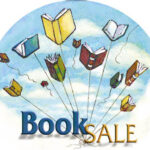 Book Sale art with flying books on strings