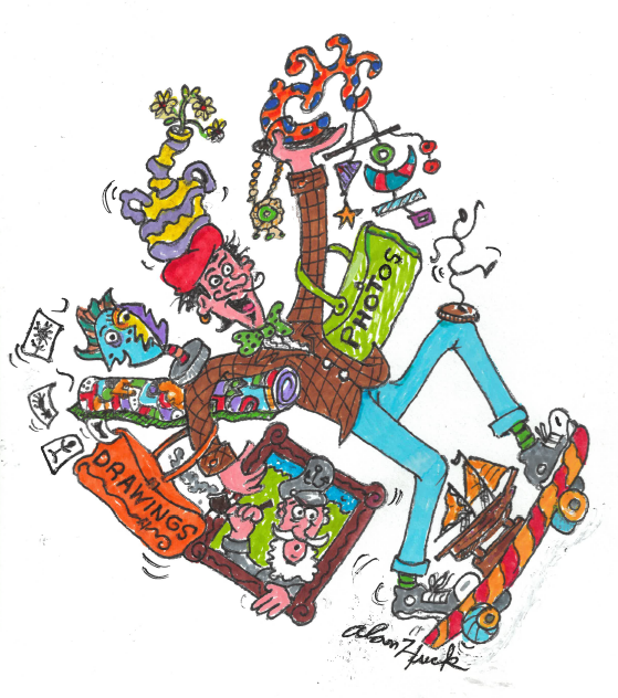 Cartoon image of a person with arms full of artwork