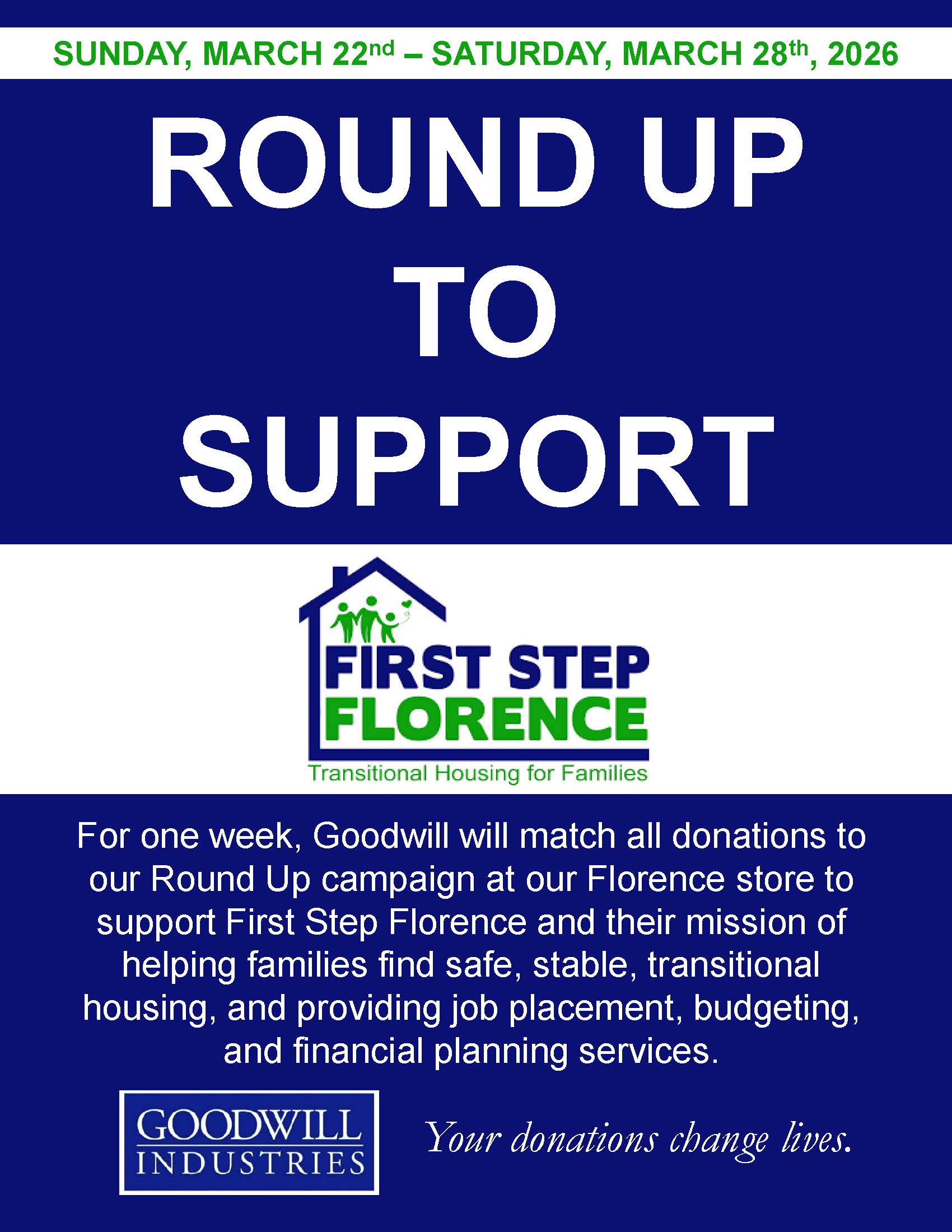 Round Up Your Purchase at Goodwill to Benefit First Step Florence