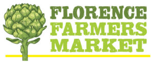 Florence Farmers Market logo. Green type with artichoke artwork