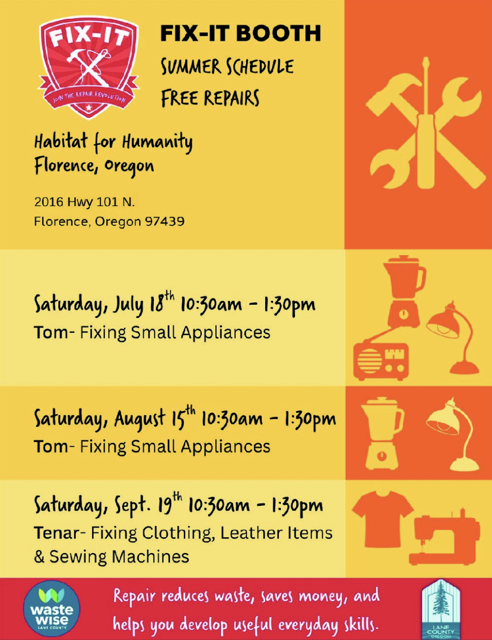 Free ‘Fix-It Booth’ Repair Services Return to Cottage Grove, Florence & Oakridge