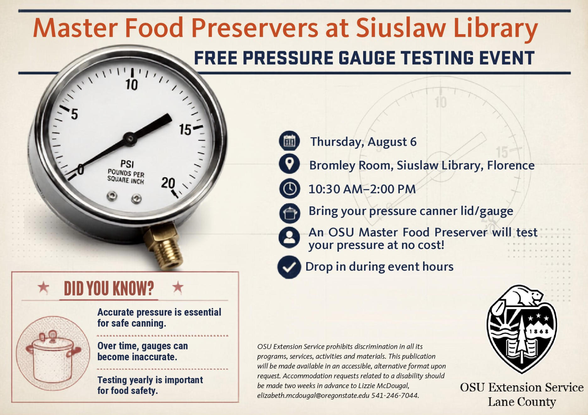 Free Pressure Gauge Testing by Lane County Extension Master Food Preservers